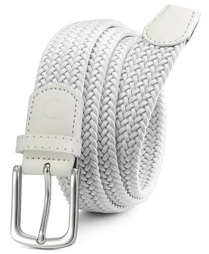 Elastic Stretch Belt (White, 30″ to 34″ waist, silver buckle)