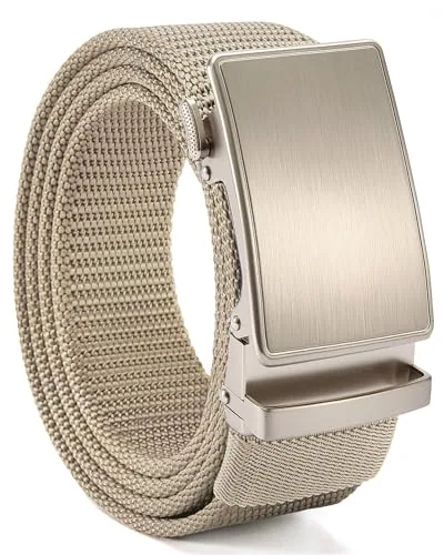 Nylon Ratchet Belt, 38 mm (Khaki, 32″ to 38″ waist, silver buckle)