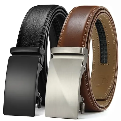 Leather Ratchet Belt, 35 mm (Black, 32″ to 38″ waist, brushed buckle)